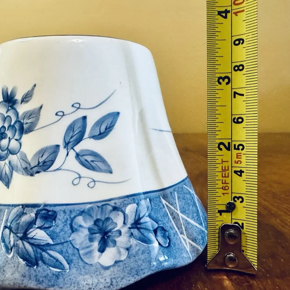 Vintage Blue White Floral Ceramic Vase Planter 6” Delft Style Cottage Decor